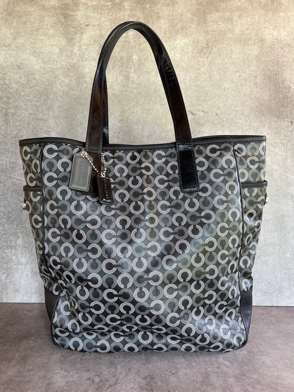 Coach Waverly Coated Canvas Tote Bag signature monogram Y2K vintage black/gray